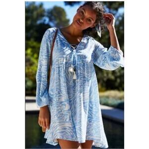 NWT‎ Anthropologie Maaji Helena Blue White Floral Mini Tassel Tie Flowy Dress S